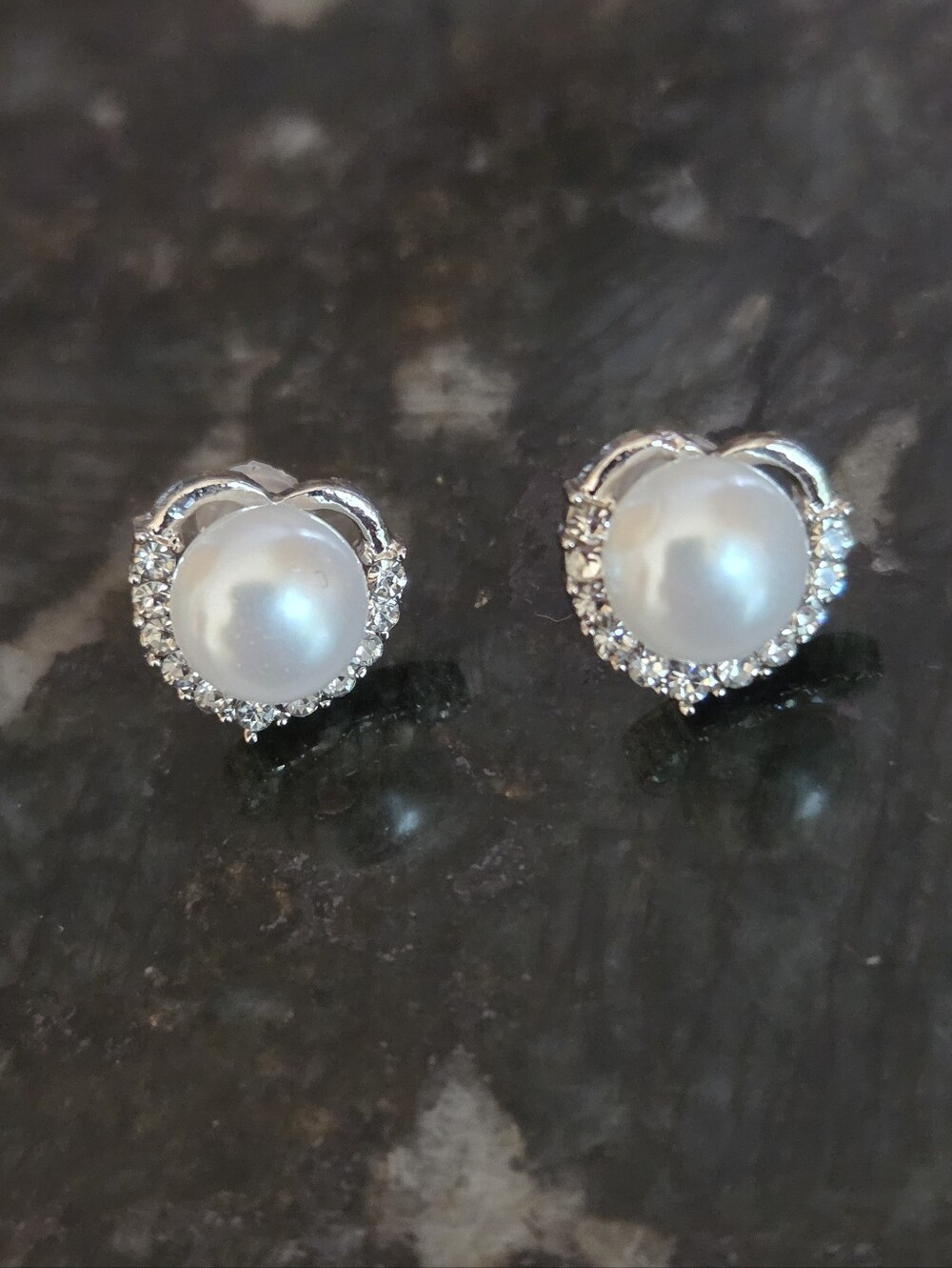 Silver Heart Faux Pearl Stud Earrings Rhinestone Halo New On Card